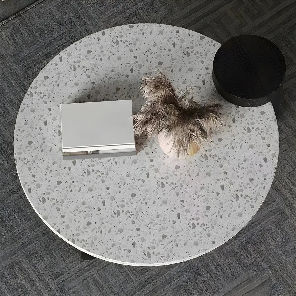 White Round Terrazzo Top Black Wood Base Coffee Table Image - 8