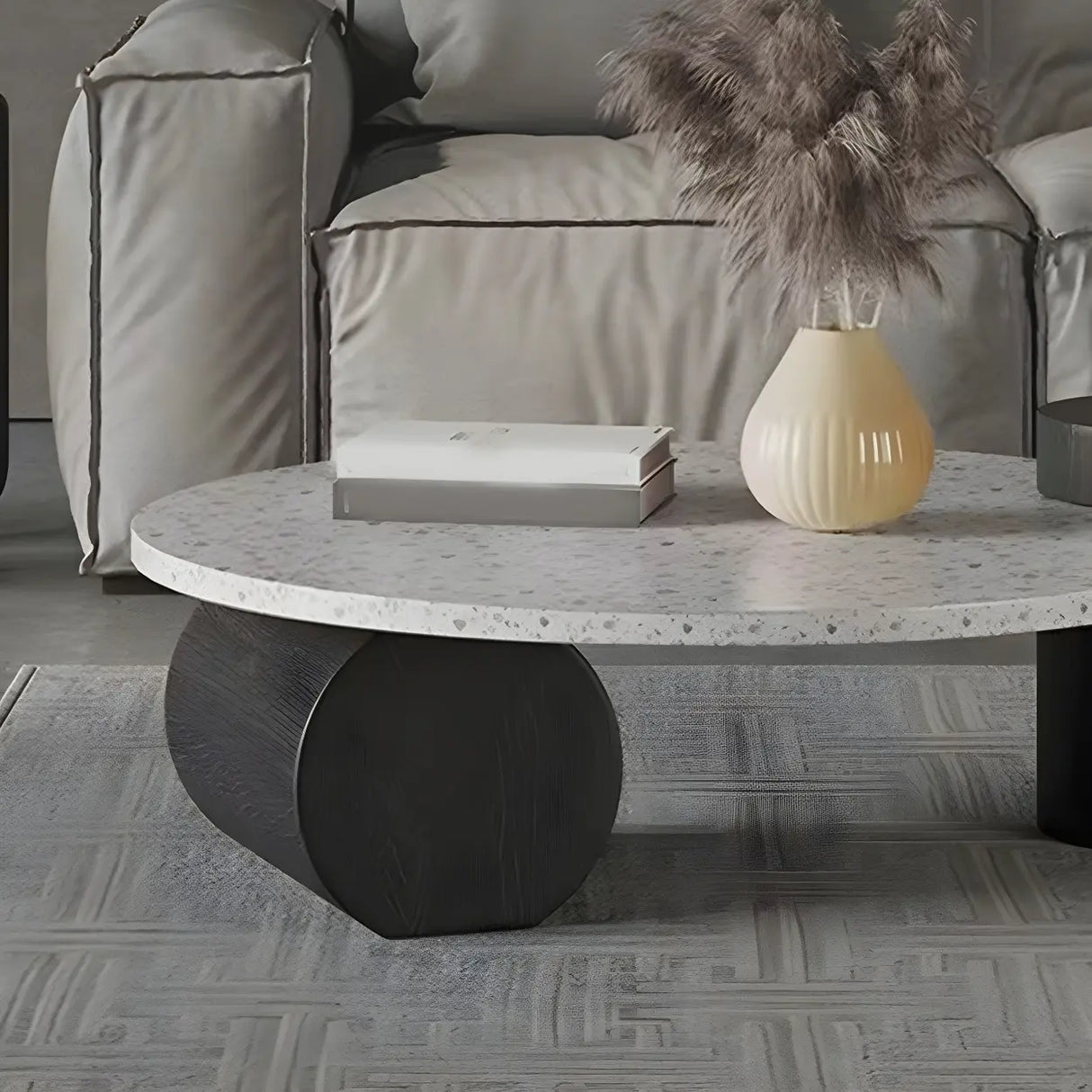 White Round Terrazzo Top Black Wood Base Coffee Table Image - 9