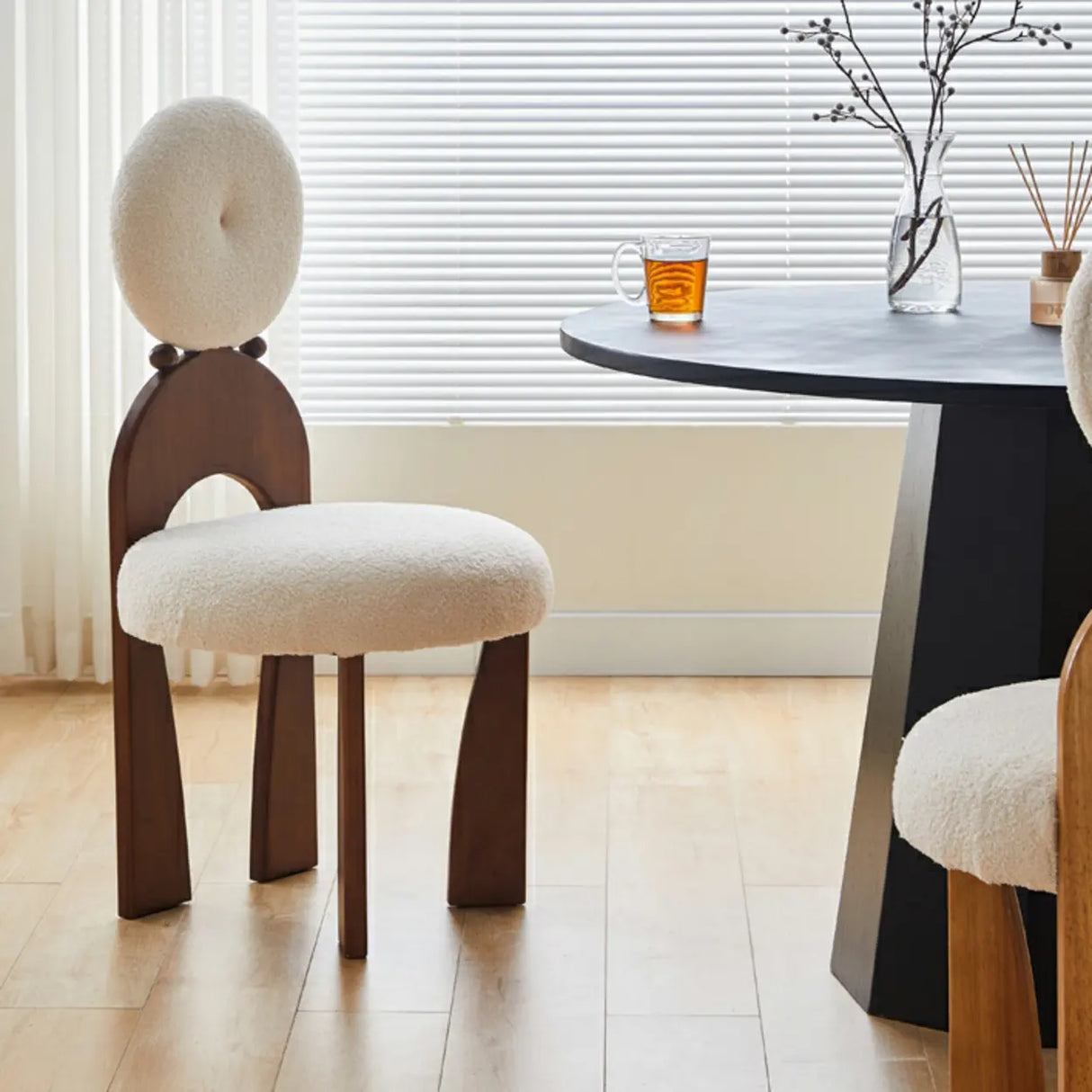 White Round Wood King Louis Back Velvet Dining Chair Image - 1