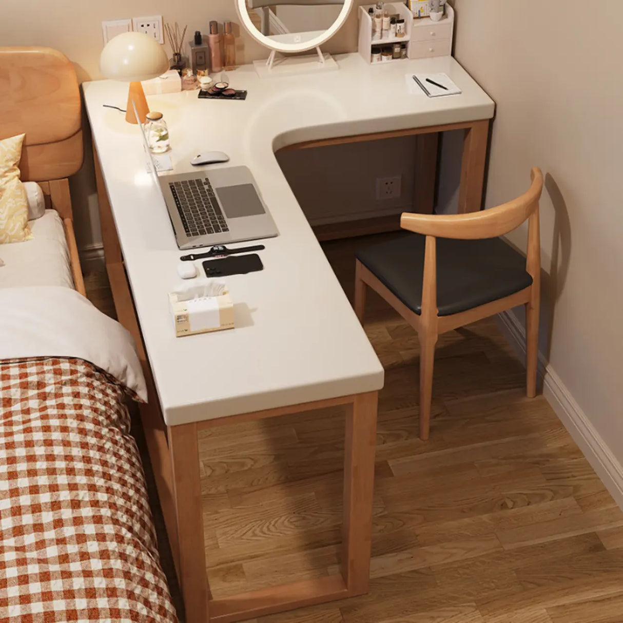 White Rubberwood L-Shape Butcher Block Writing Desk Image - 1