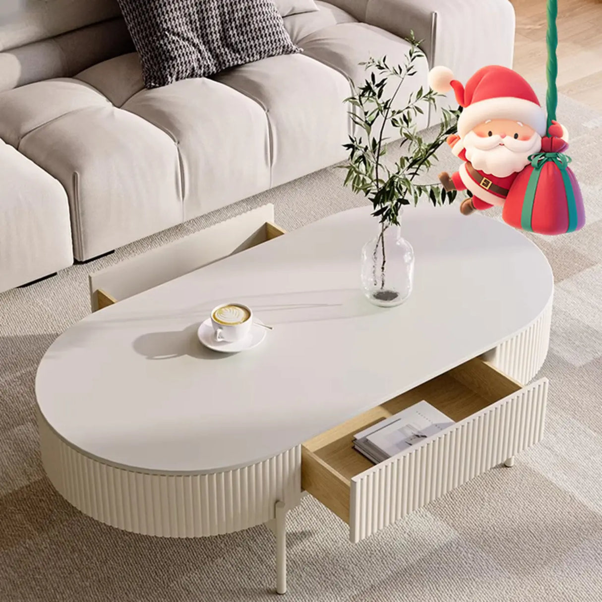 White Scratch Resistant Stone Oval Storage Coffee Table Image - 1