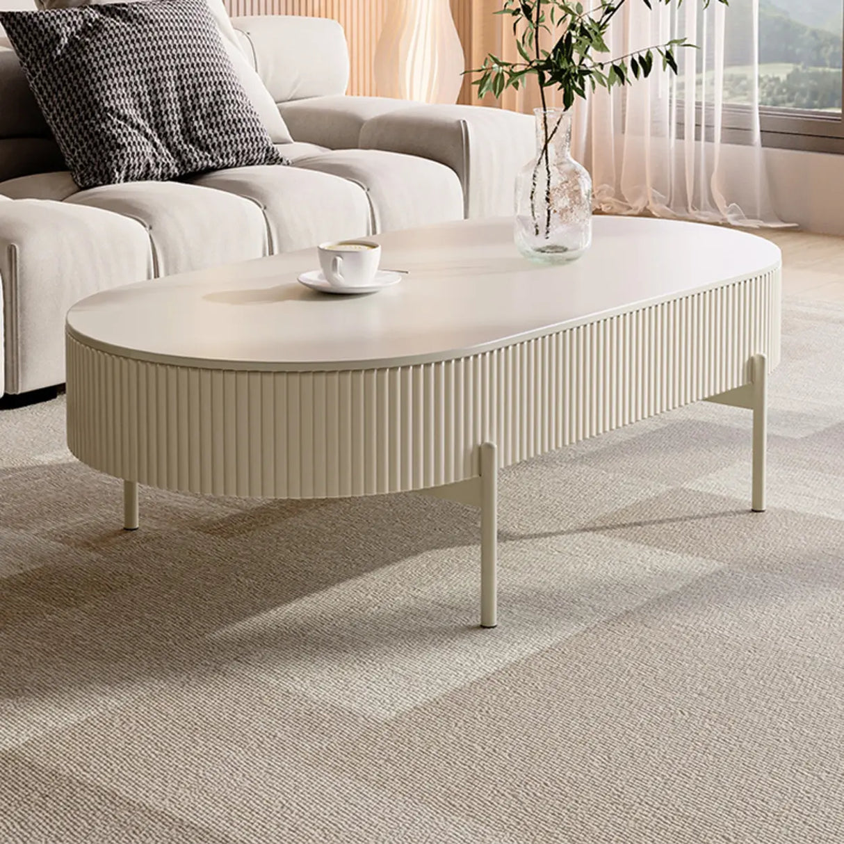White Scratch Resistant Stone Oval Storage Coffee Table Image - 3