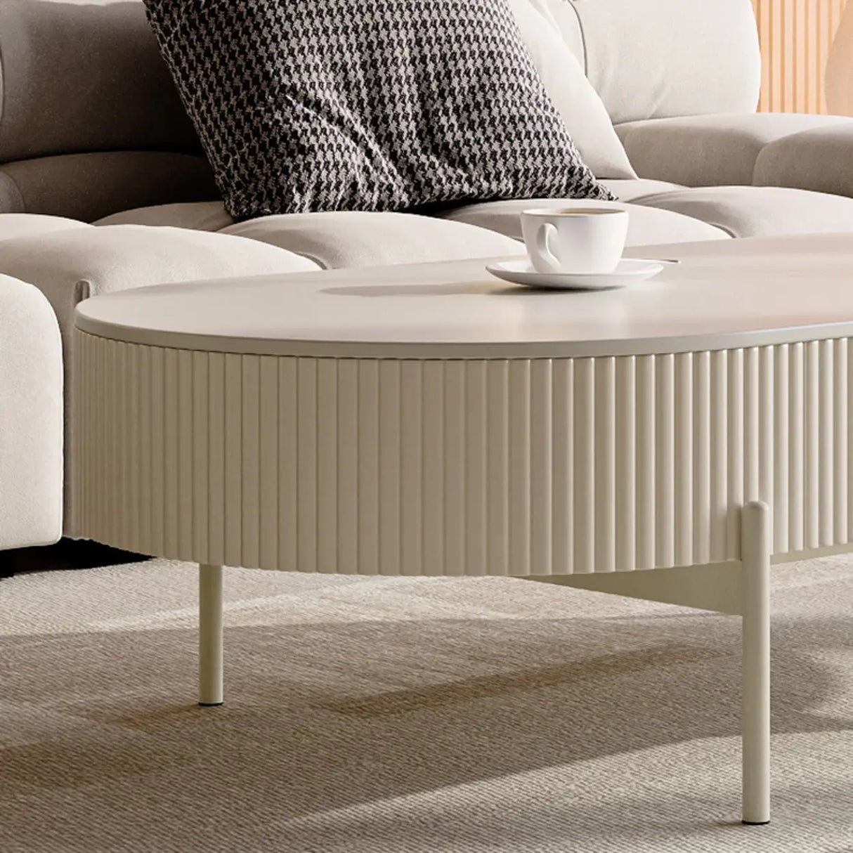 White Scratch Resistant Stone Oval Storage Coffee Table Image - 6