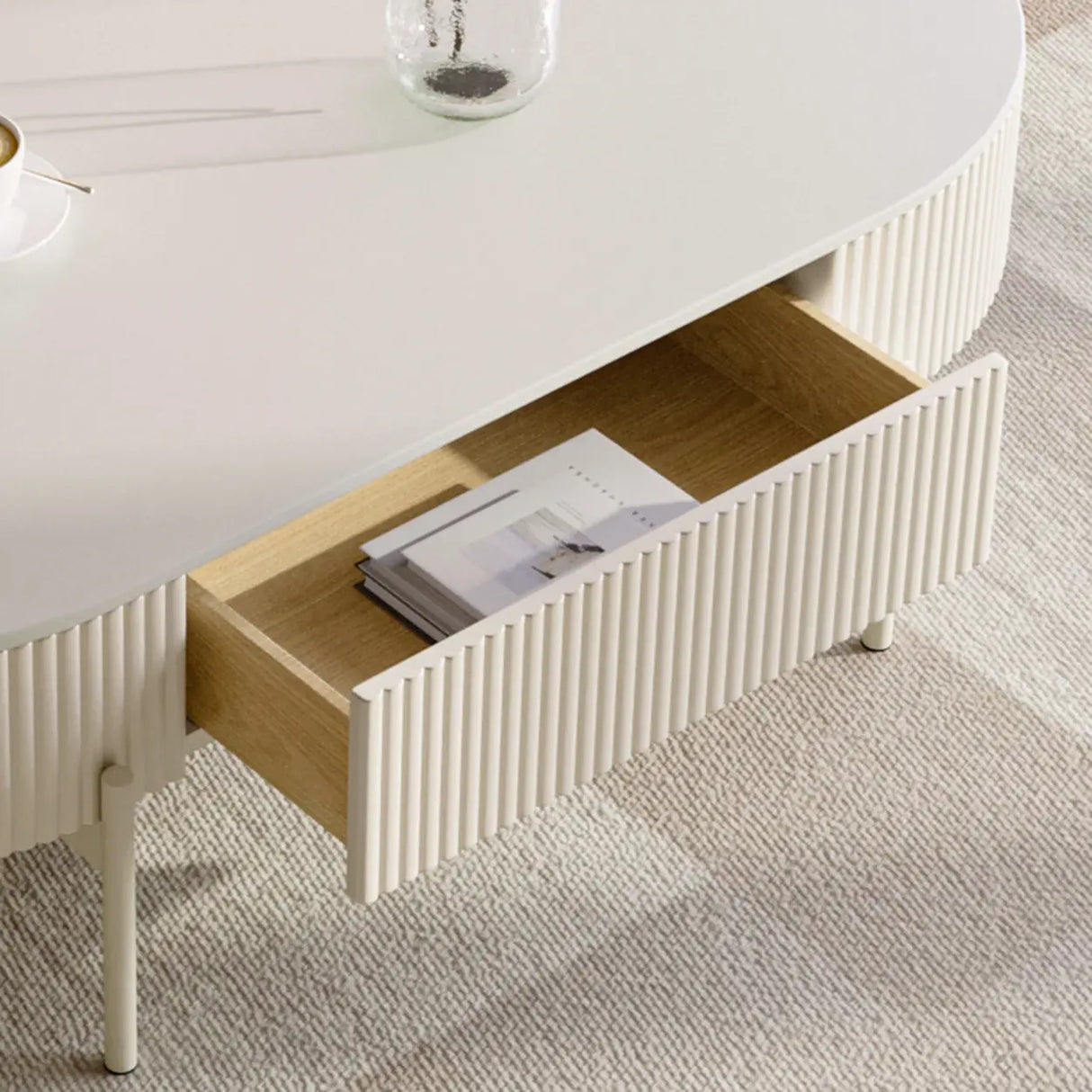 White Scratch Resistant Stone Oval Storage Coffee Table Image - 7