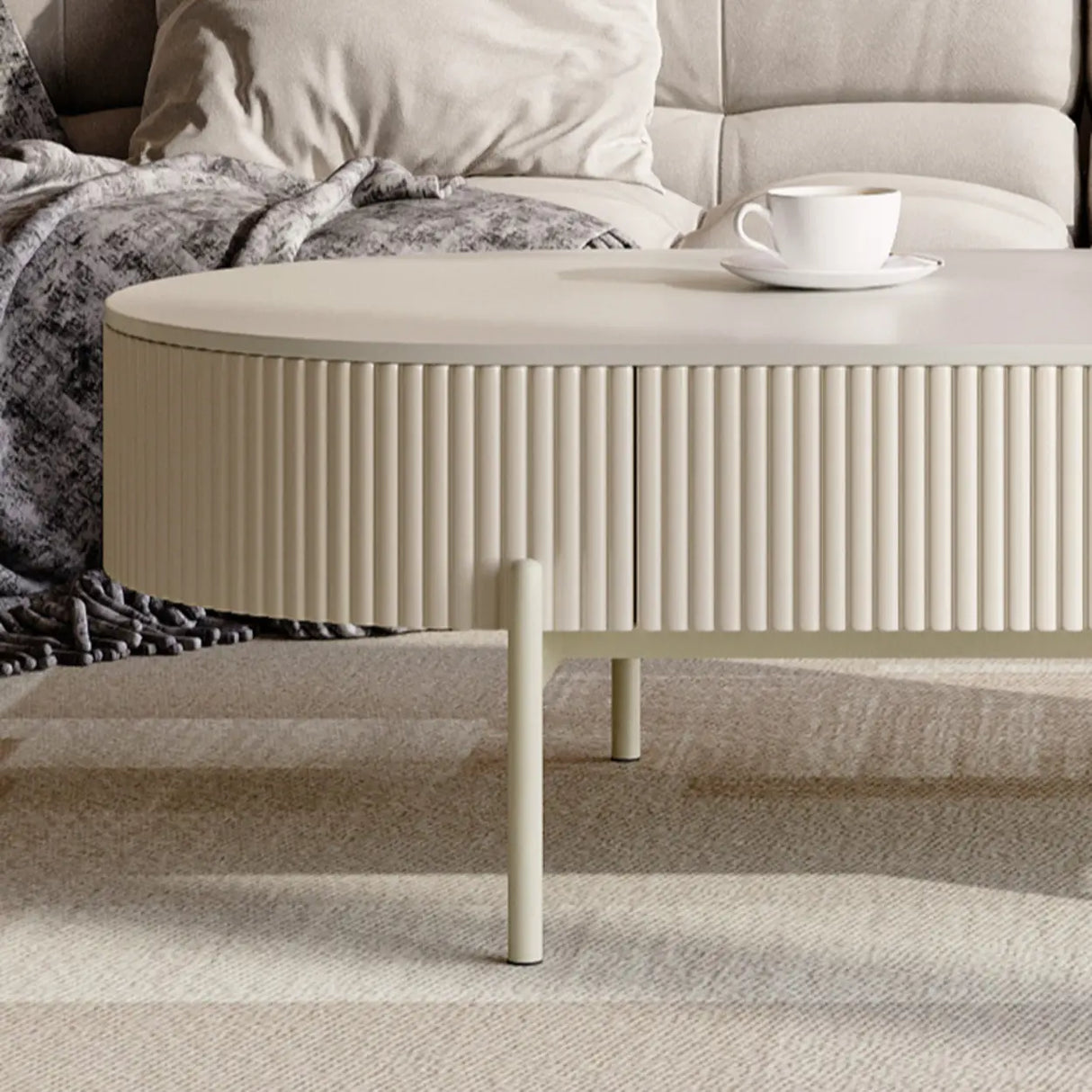 White Scratch Resistant Stone Oval Storage Coffee Table Image - 8