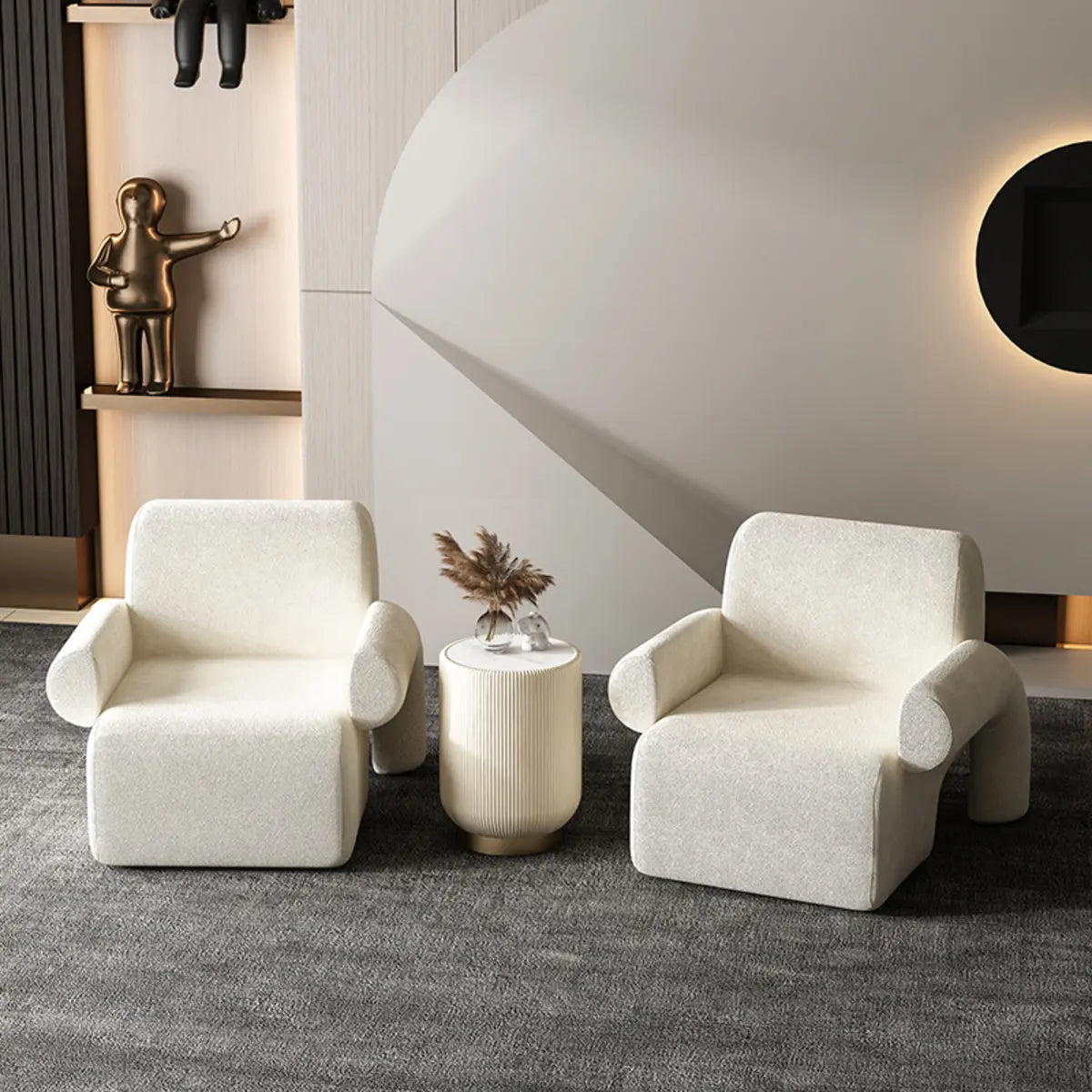 White Sherpa Fabric Fixed Back Low-Back Arm Chair Image - 2