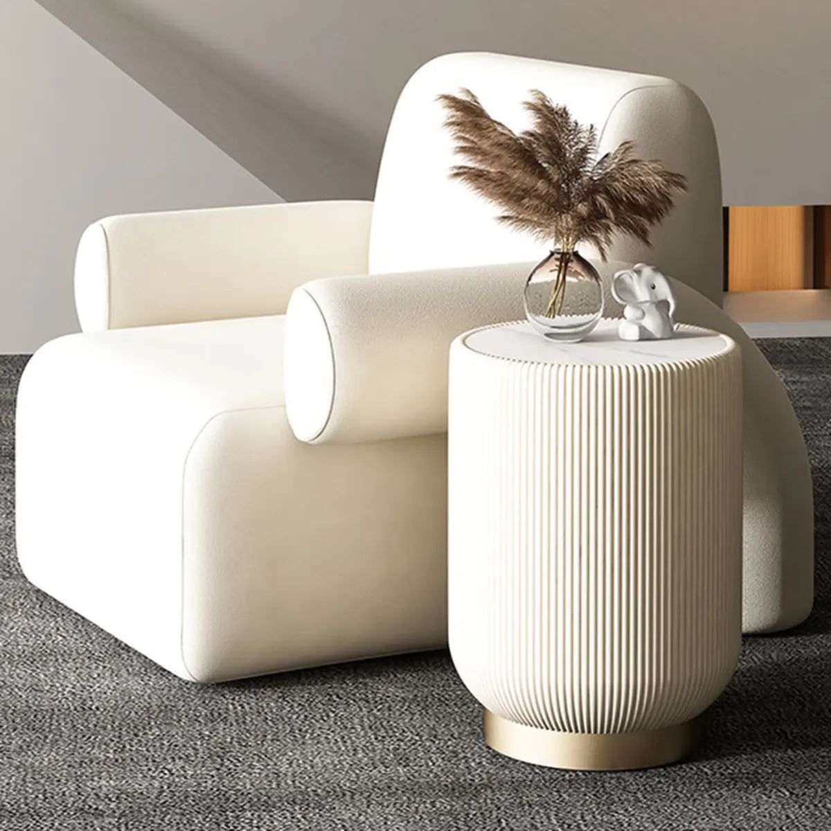 White Sherpa Fabric Fixed Back Low-Back Arm Chair Image - 4