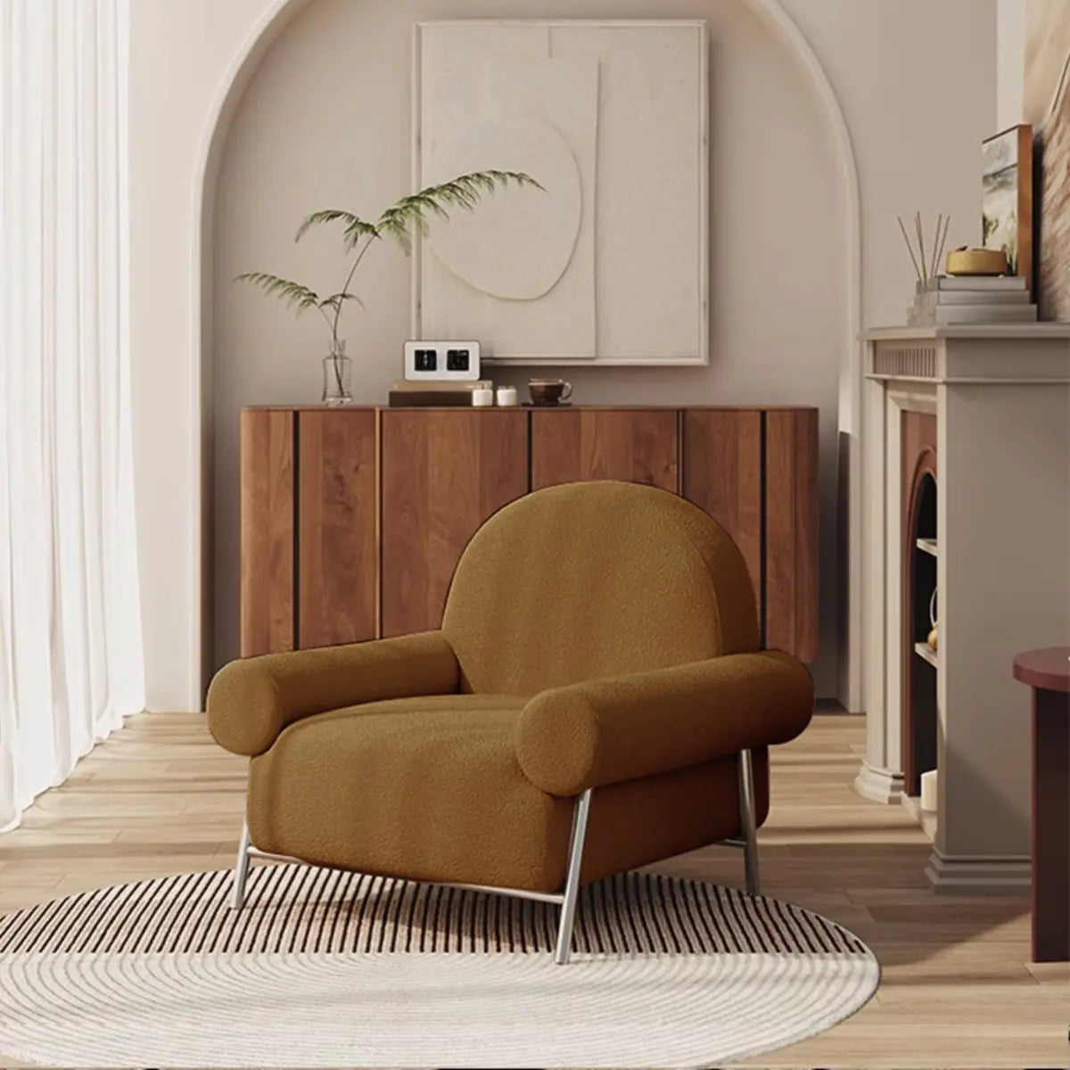 White Sherpa Fixed Back Arm Chair with Four Silver Legs Image - 3