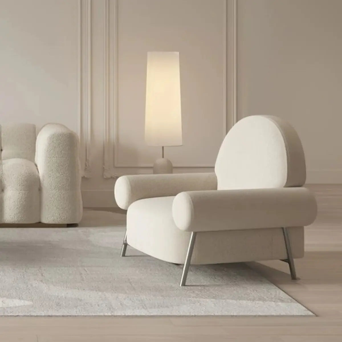 White Sherpa Fixed Back Arm Chair with Four Silver Legs Image - 4