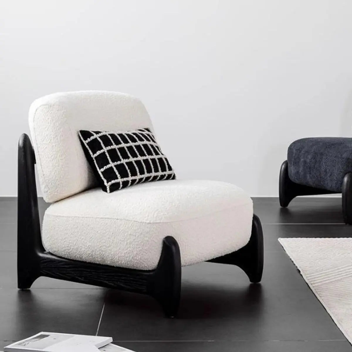 White Sherpa Fixed Back Black Wood Leg Slipper Chair Image - 1