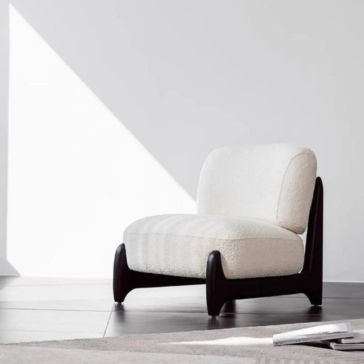 White Sherpa Fixed Back Black Wood Leg Slipper Chair Image - 3