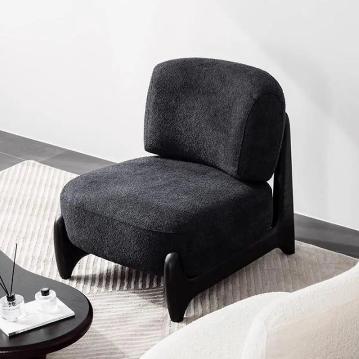 White Sherpa Fixed Back Black Wood Leg Slipper Chair Image - 4