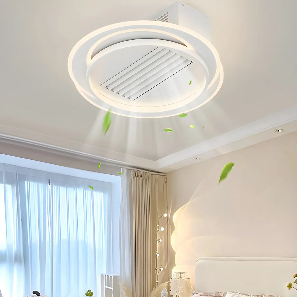 White Simple Dimming Bladeless Ceiling Fan with Light Image - 8