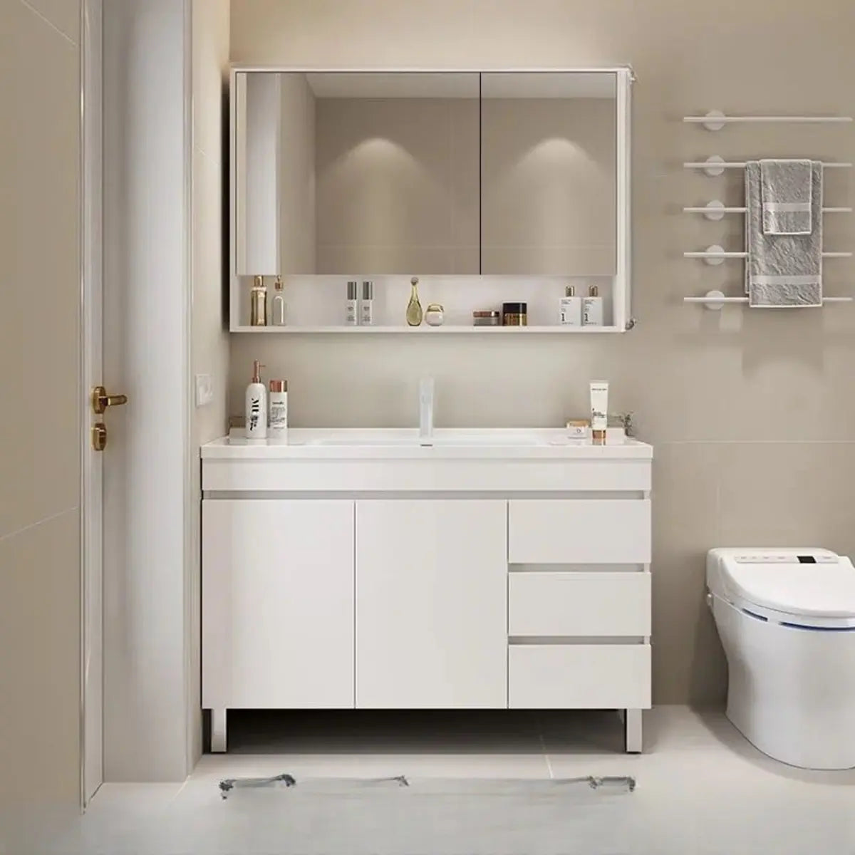 White Single Sink MDF Bathroom Vanity Set with Shelves Image - 3