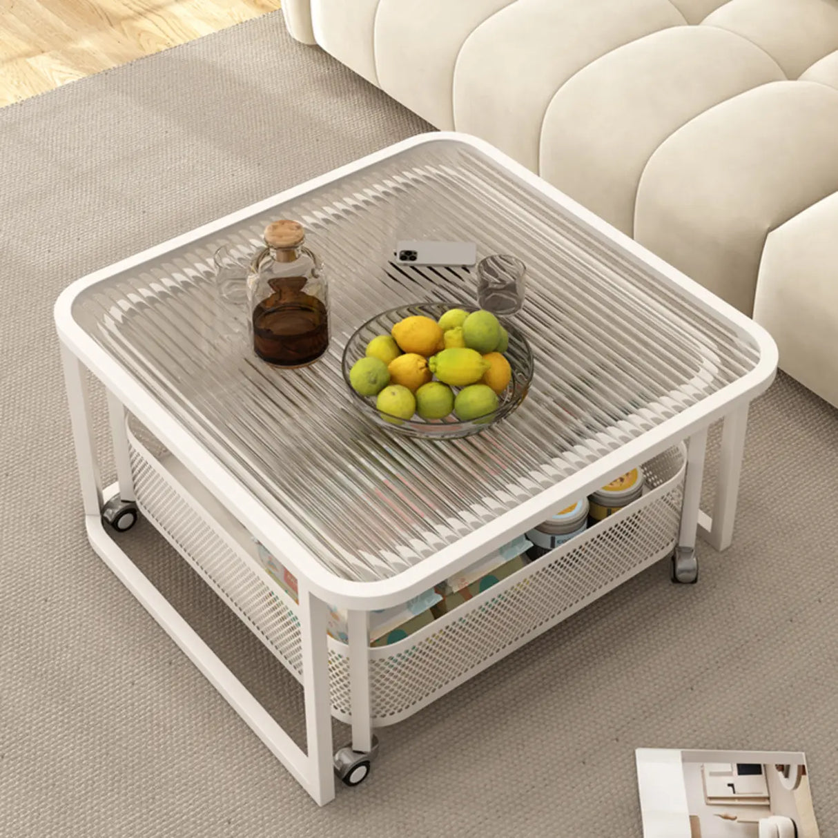 White Square Clear Glass Cart Coffee Table with Shelves Image - 1