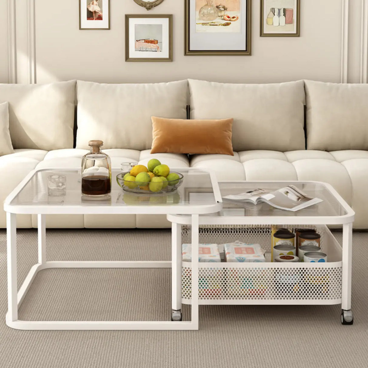 White Square Clear Glass Cart Coffee Table with Shelves Image - 2