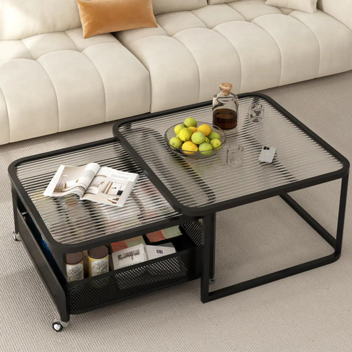 White Square Clear Glass Cart Coffee Table with Shelves Image - 3