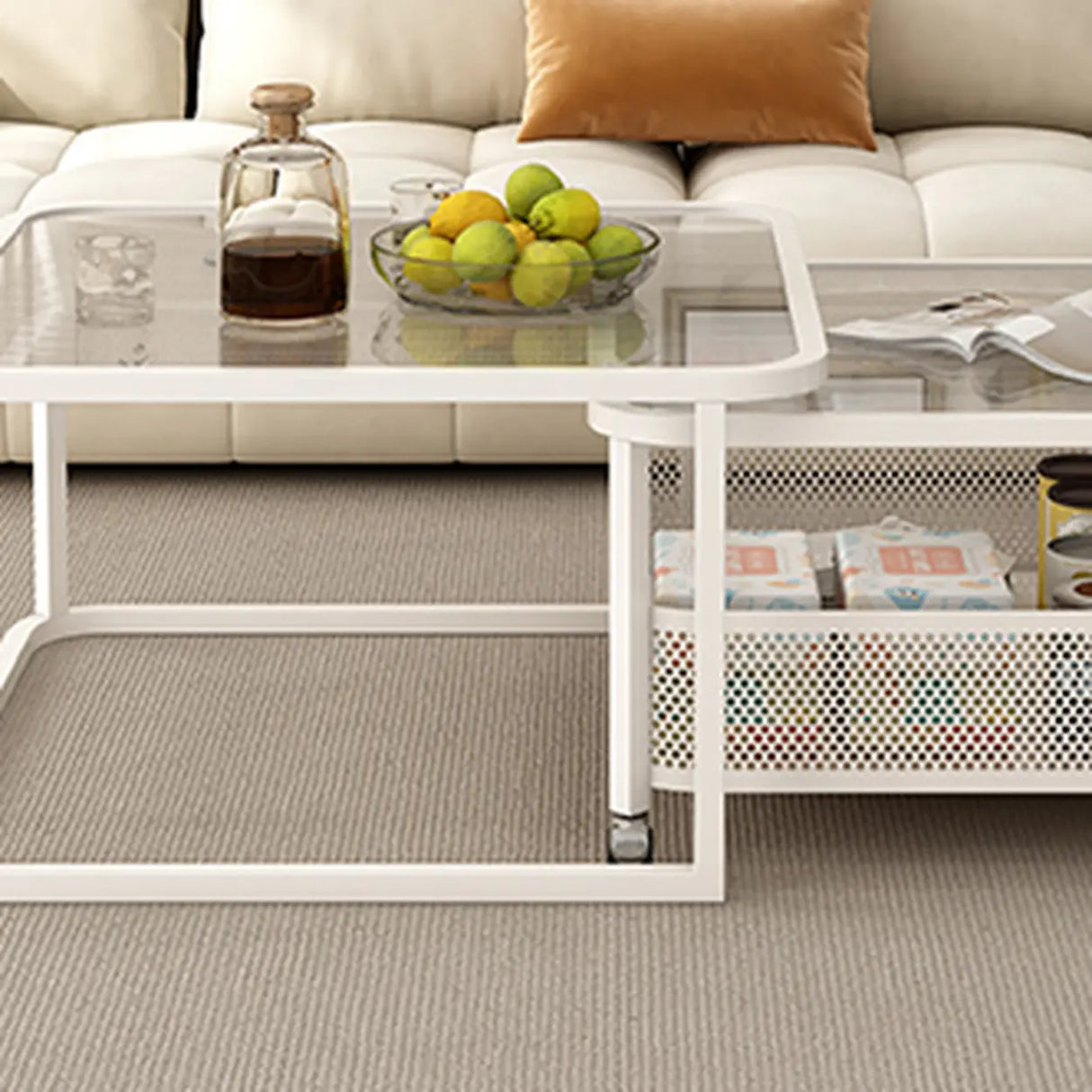 White Square Clear Glass Cart Coffee Table with Shelves Image - 4