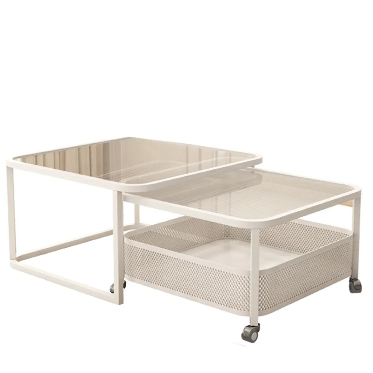 White Square Clear Glass Cart Coffee Table with Shelves Image - 7