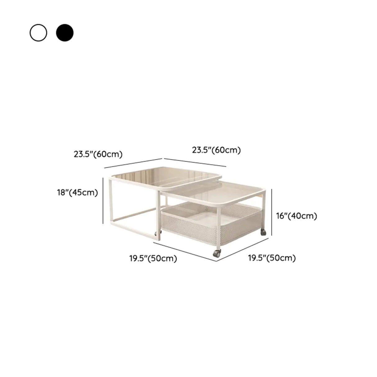 White Square Clear Glass Cart Coffee Table with Shelves