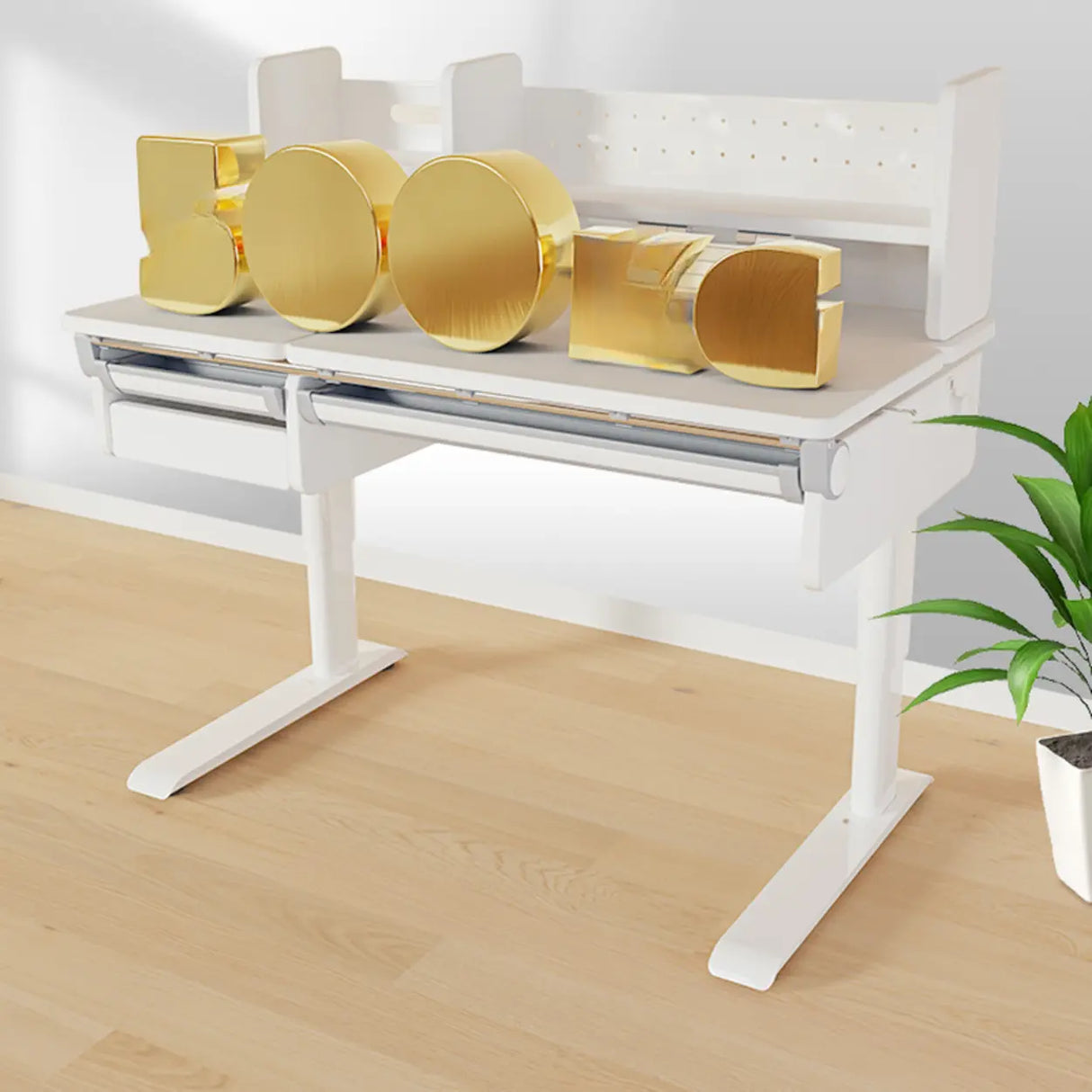 White Steel Base Kids Writing Desk with Shelf and Chair Image - 1