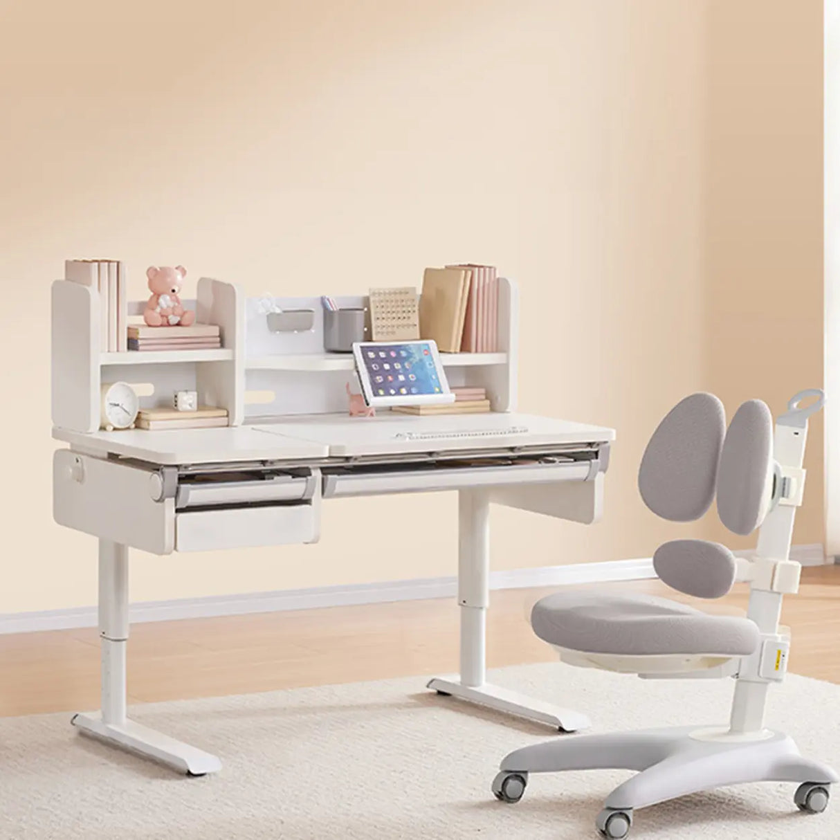 White Steel Base Kids Writing Desk with Shelf and Chair Image - 2