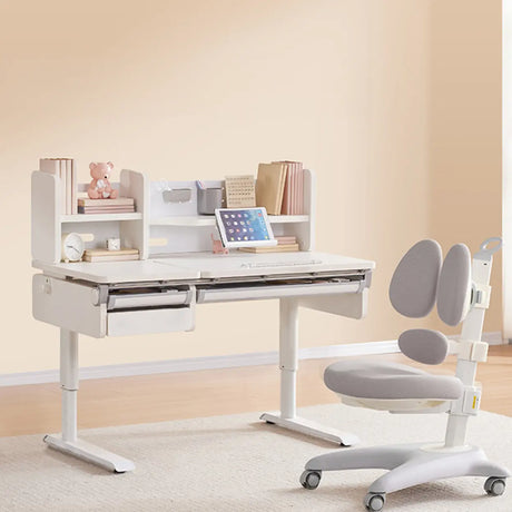 White Steel Base Kids Writing Desk with Shelf and Chair Image - 2