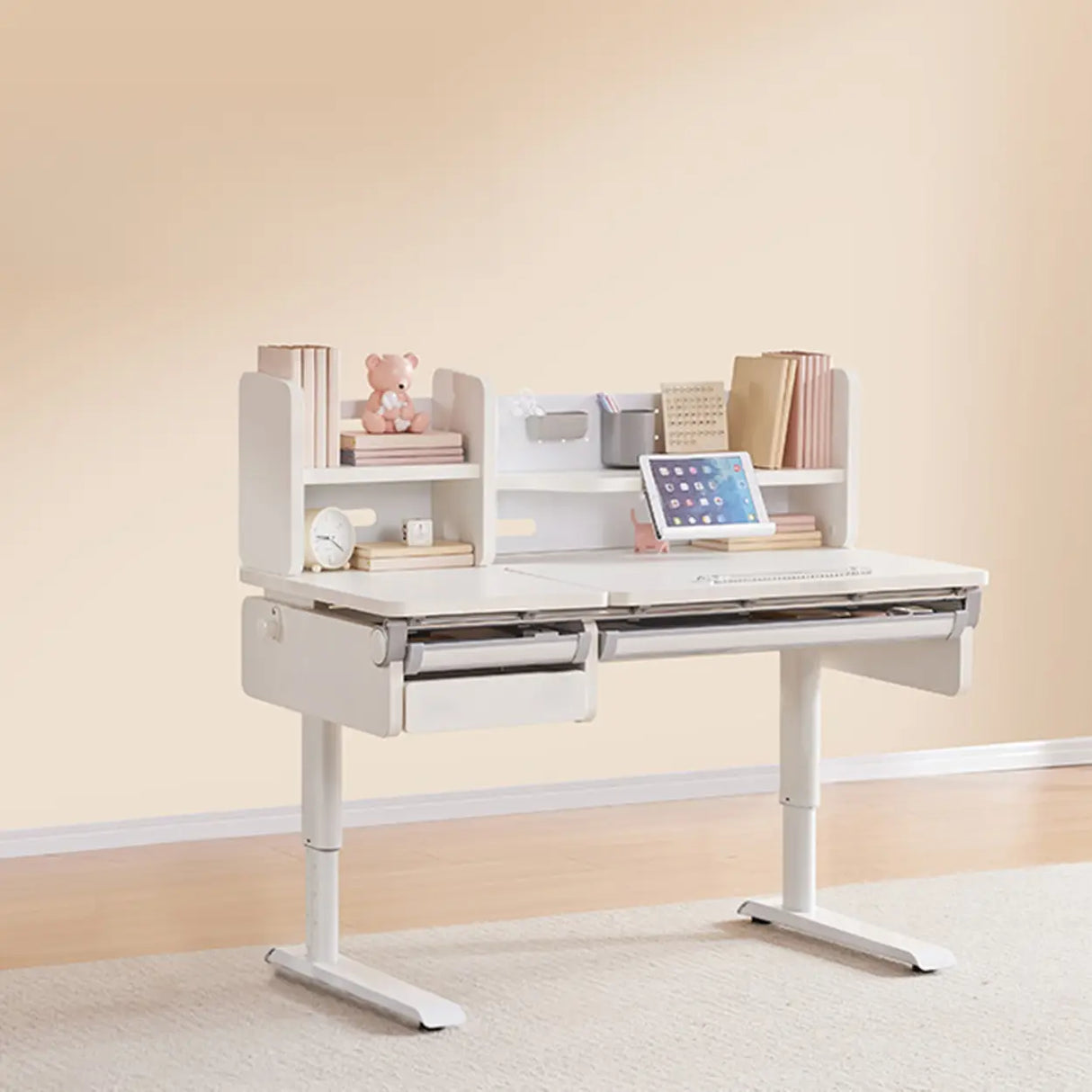 White Steel Base Kids Writing Desk with Shelf and Chair Image - 3
