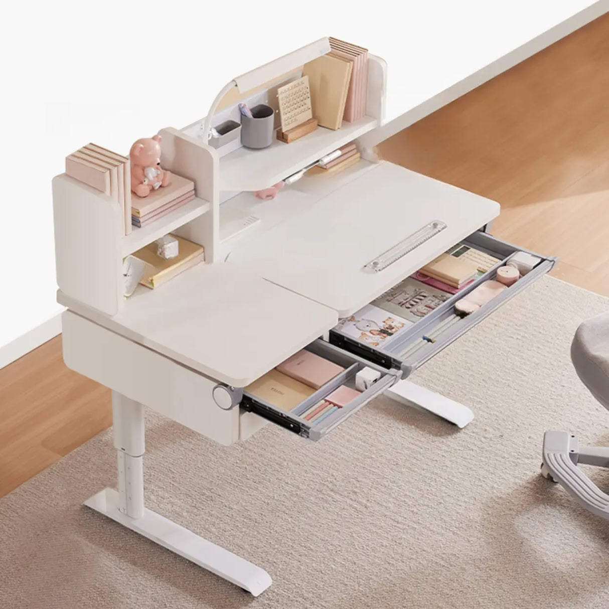 White Steel Base Kids Writing Desk with Shelf and Chair Image - 4