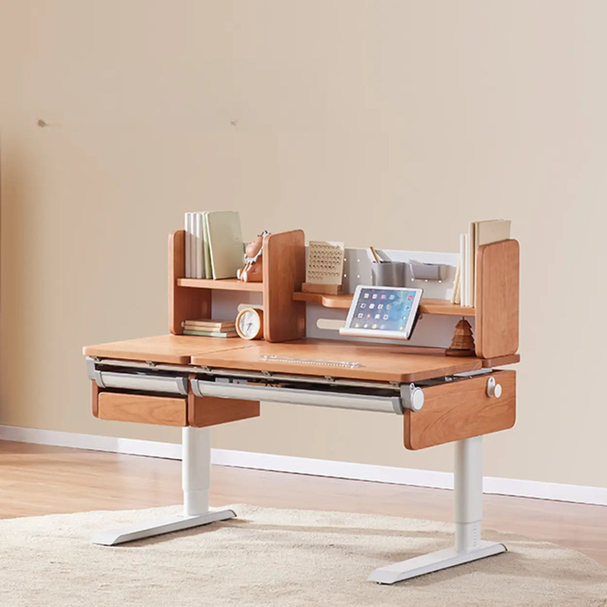 White Steel Base Kids Writing Desk with Shelf and Chair Image - 5