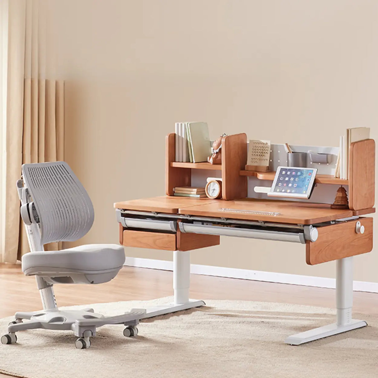 White Steel Base Kids Writing Desk with Shelf and Chair Image - 7