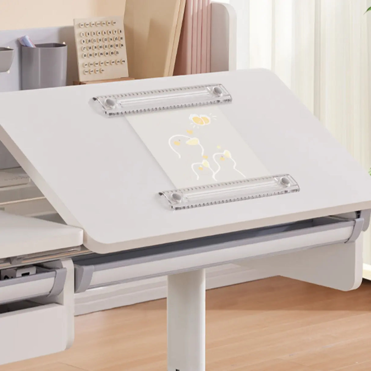 White Steel Base Kids Writing Desk with Shelf and Chair Image - 9