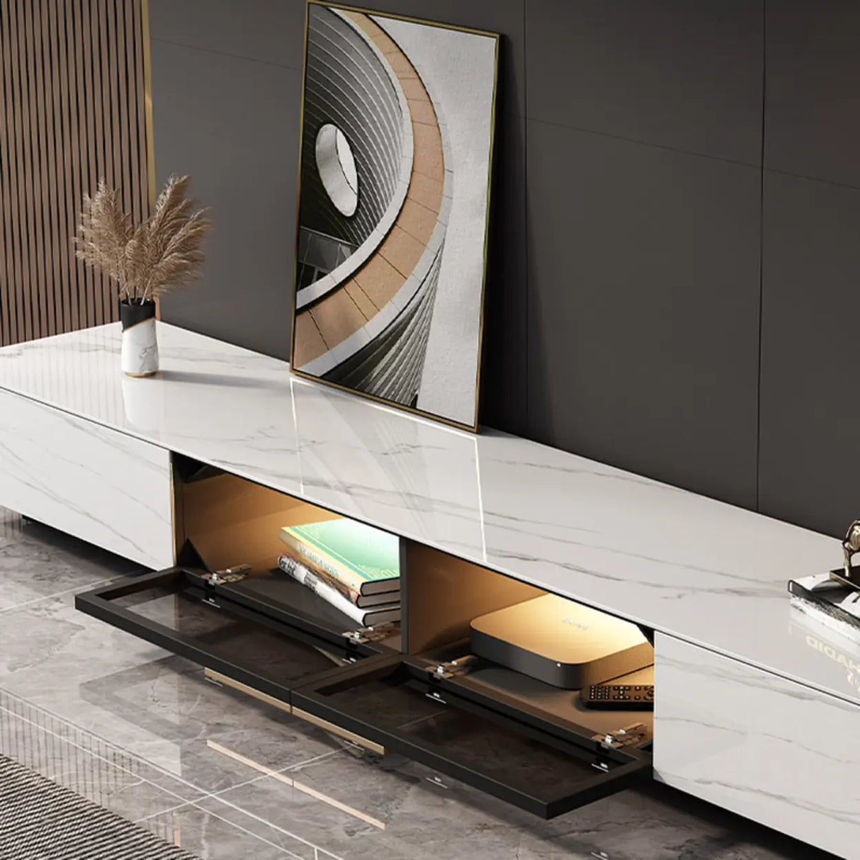 White Stone Drawers Cabinet TV Stand with Lighting Image - 11