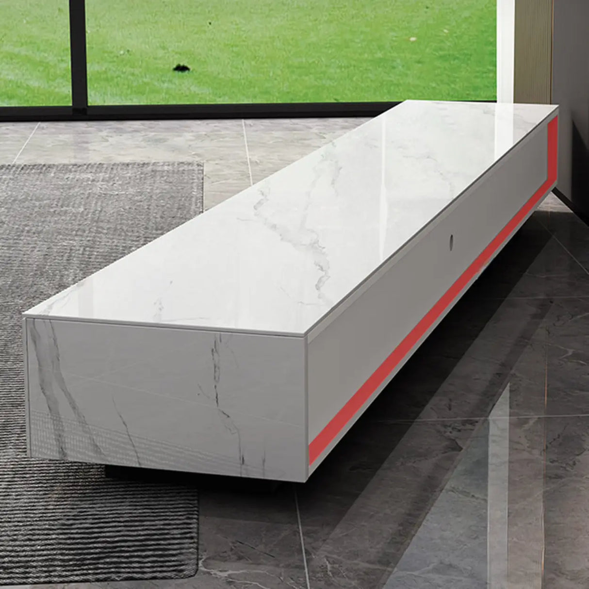 White Stone Drawers Cabinet TV Stand with Lighting Image - 12