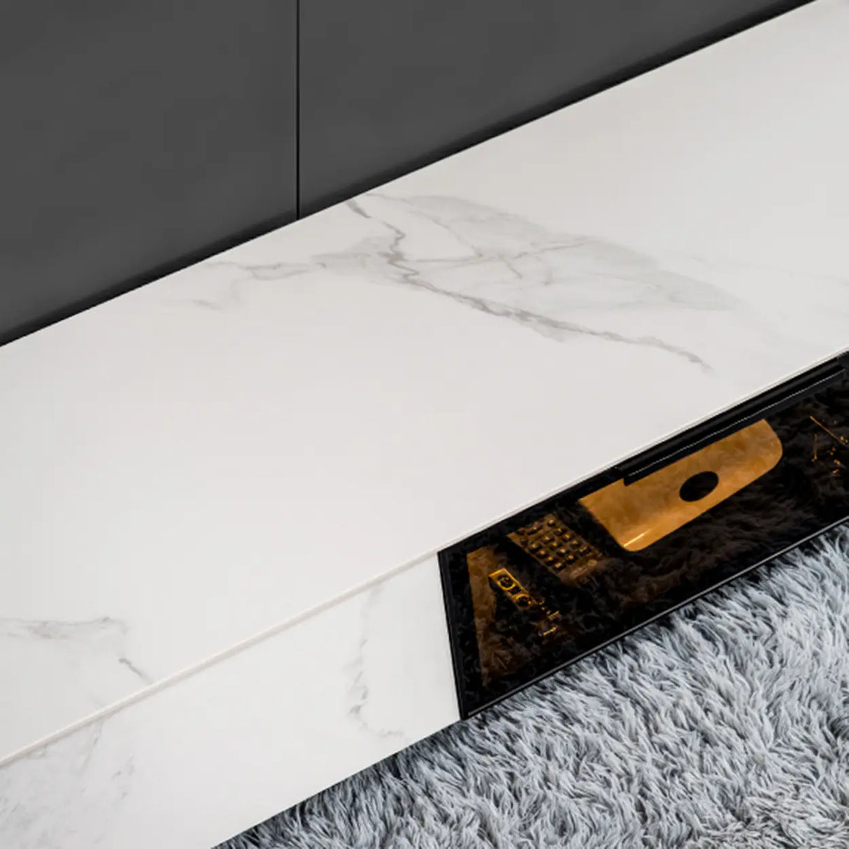 White Stone Drawers Cabinet TV Stand with Lighting Image - 13