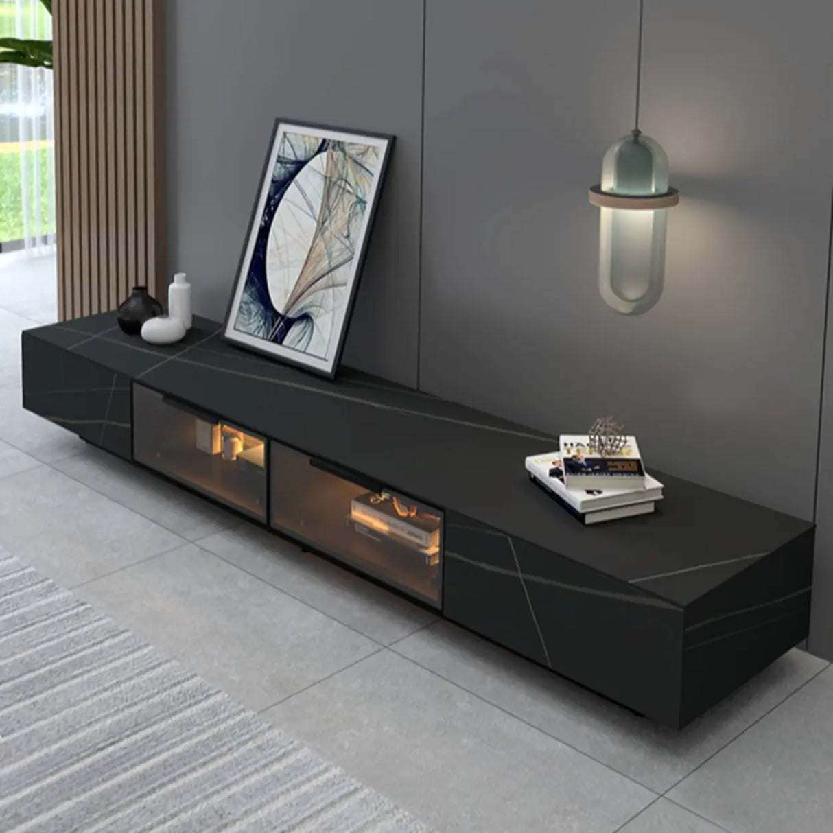 White Stone Drawers Cabinet TV Stand with Lighting Image - 2