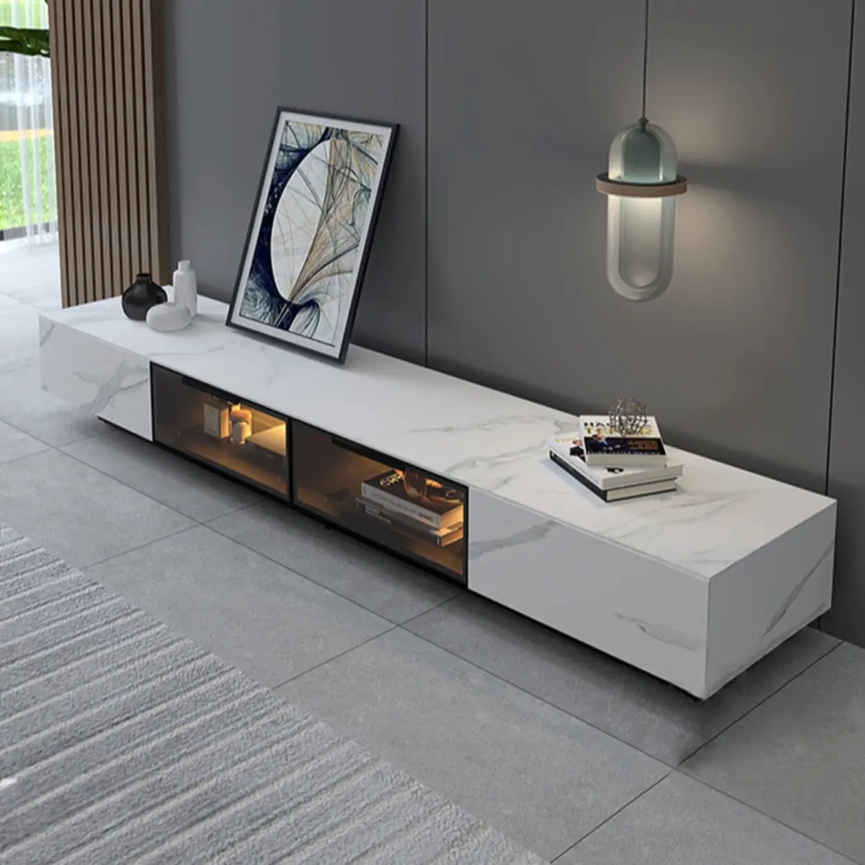 White Stone Drawers Cabinet TV Stand with Lighting Image - 3