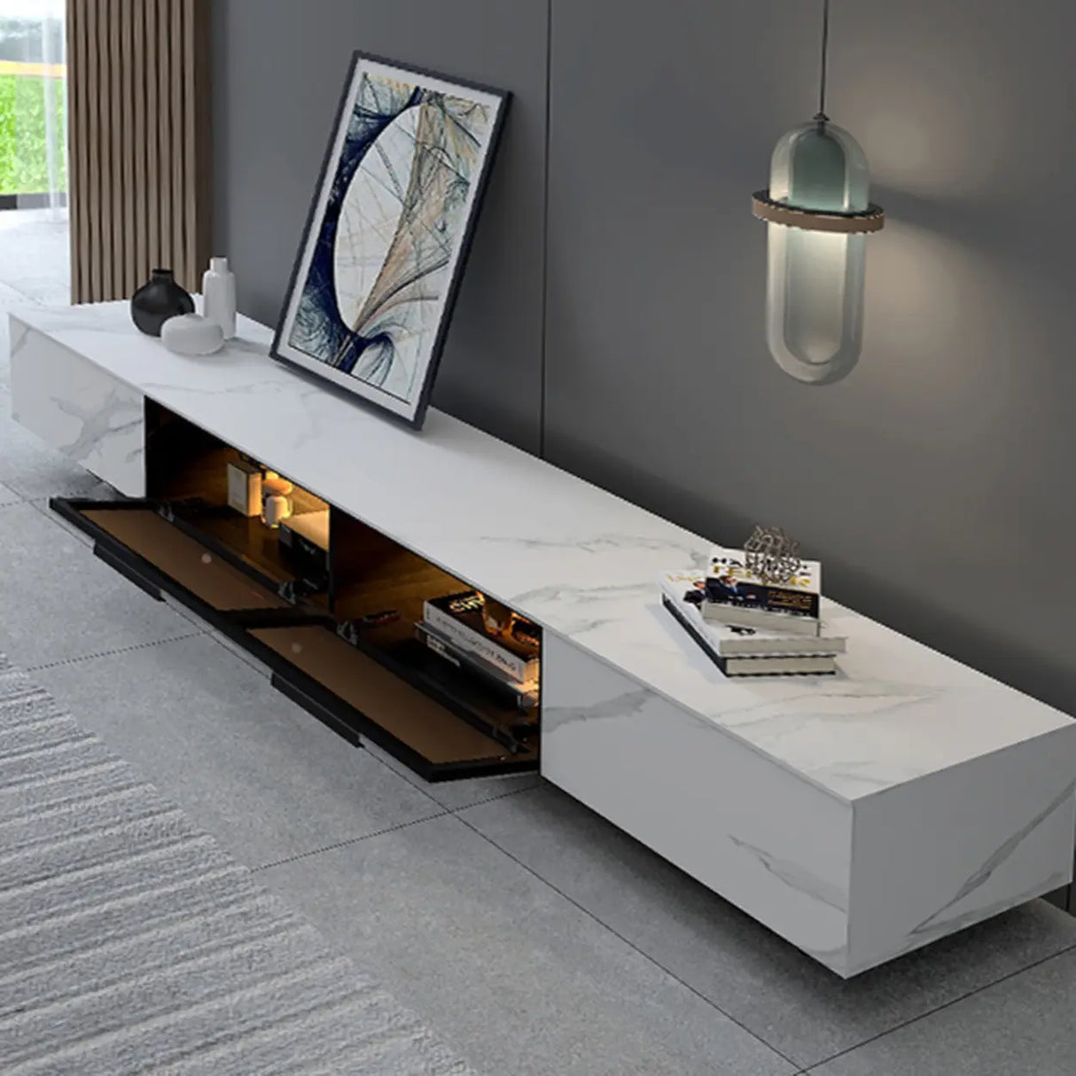 White Stone Drawers Cabinet TV Stand with Lighting Image - 4