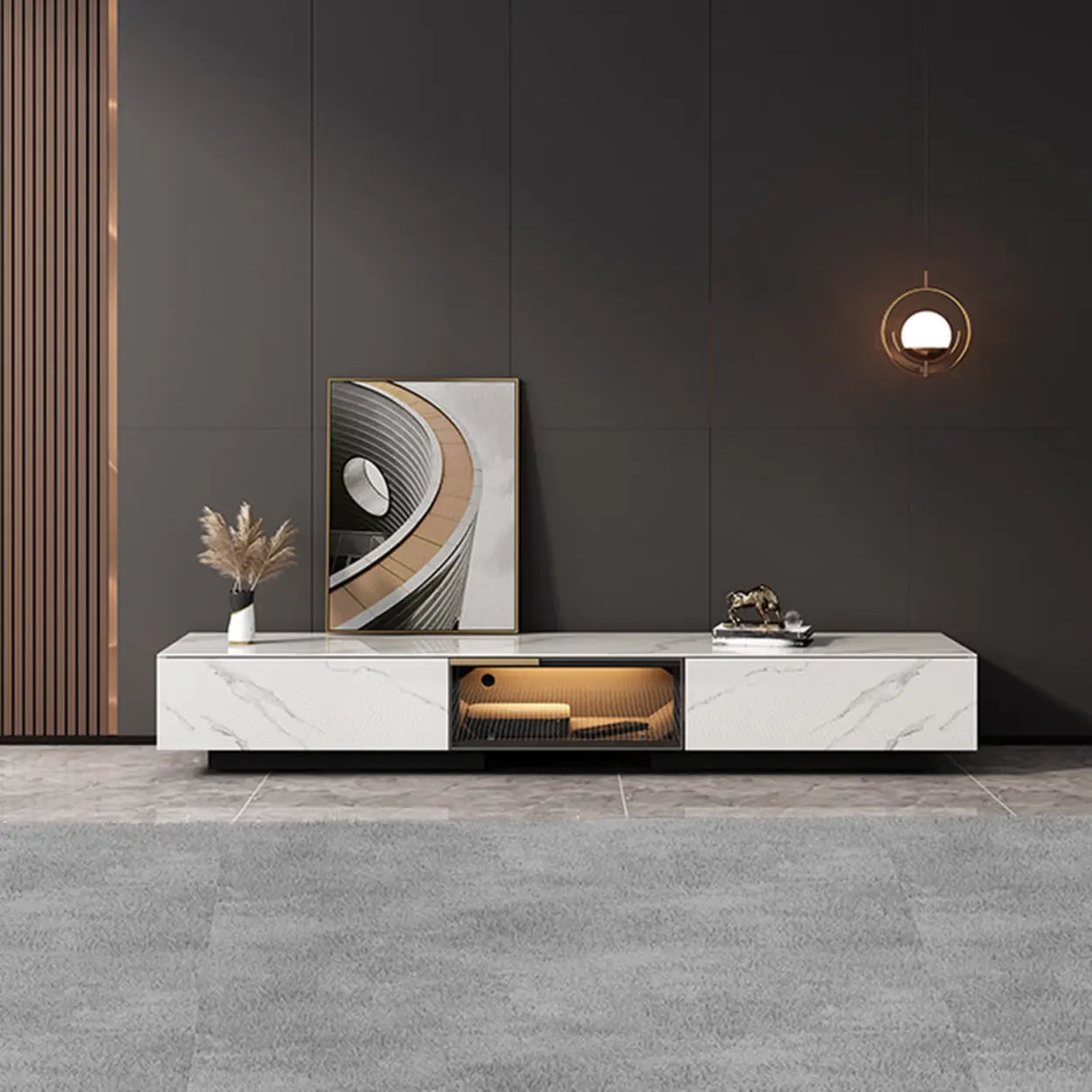 White Stone Drawers Cabinet TV Stand with Lighting Image - 5