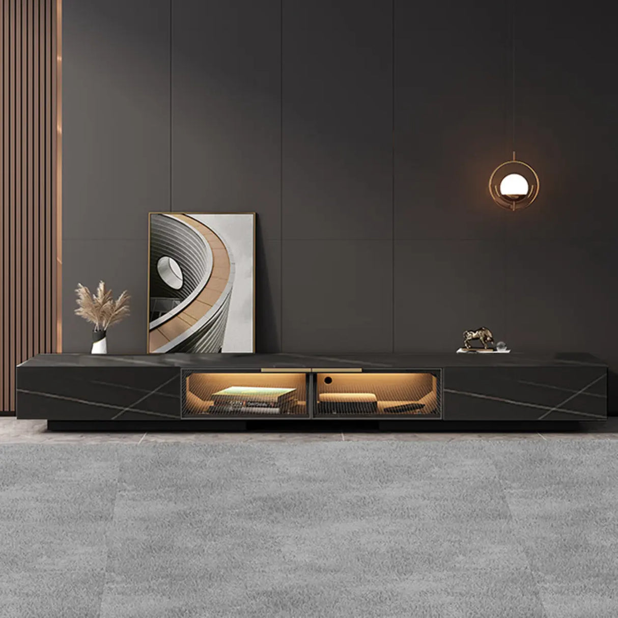 White Stone Drawers Cabinet TV Stand with Lighting Image - 6