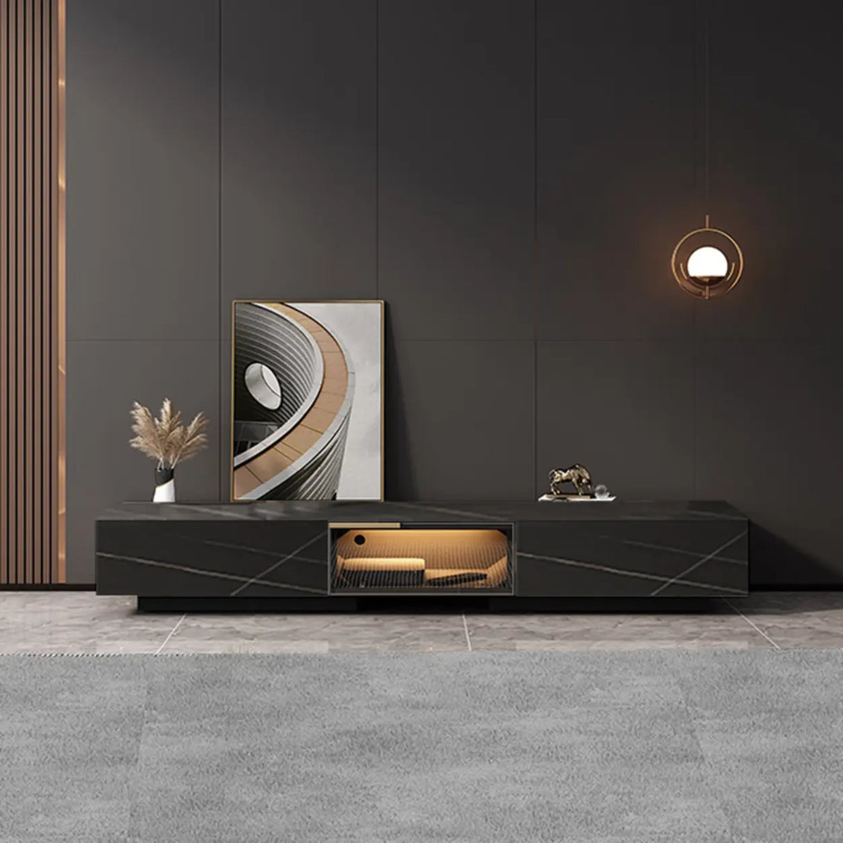 White Stone Drawers Cabinet TV Stand with Lighting Image - 7