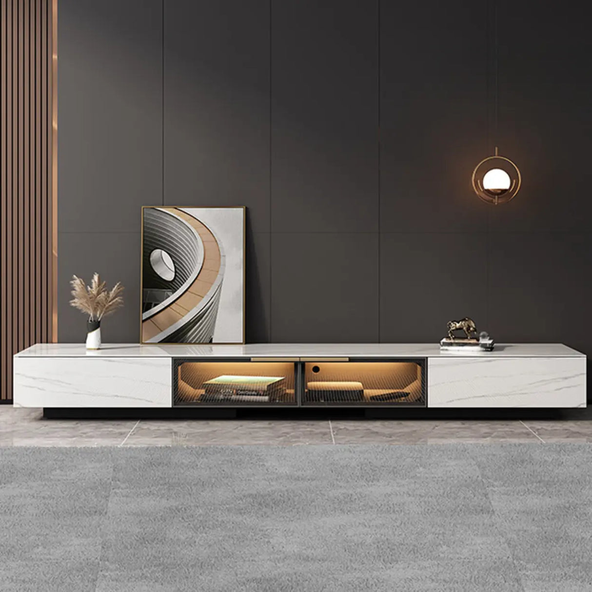 White Stone Drawers Cabinet TV Stand with Lighting Image - 8