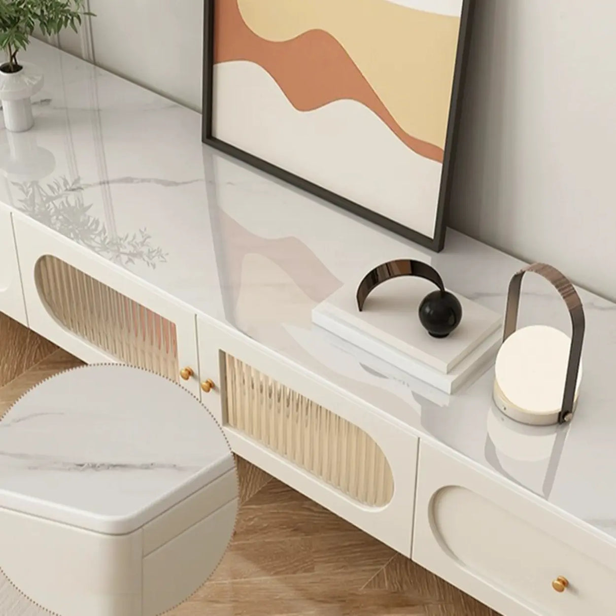 White Stone Drawers Shelves Long Rectangle TV Stand Image - 10