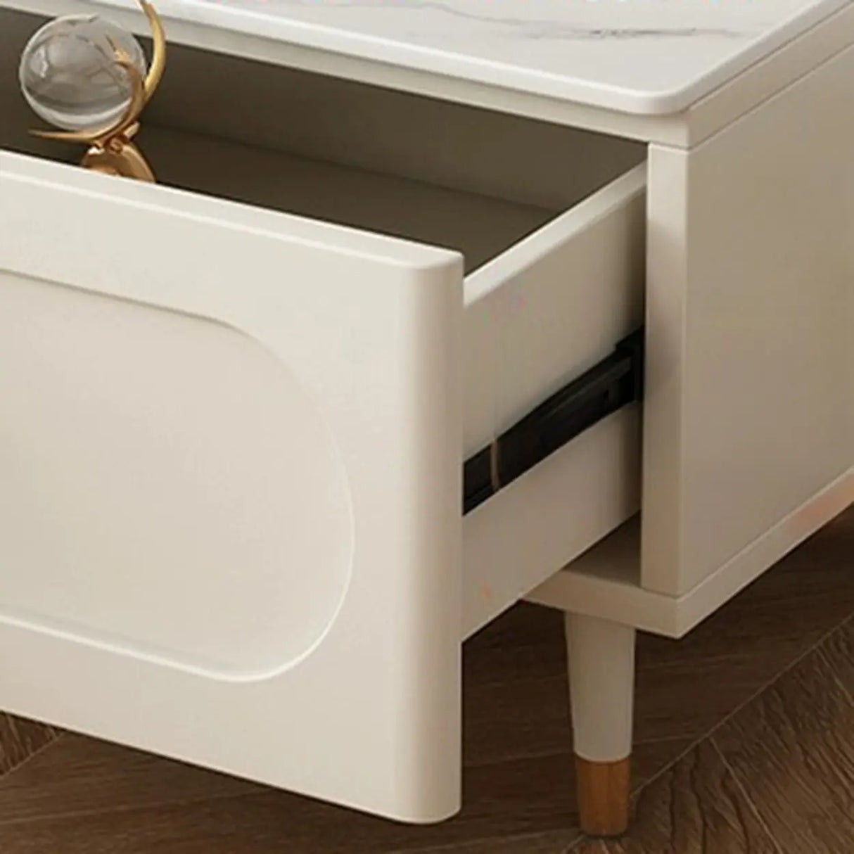 White Stone Drawers Shelves Long Rectangle TV Stand Image - 11