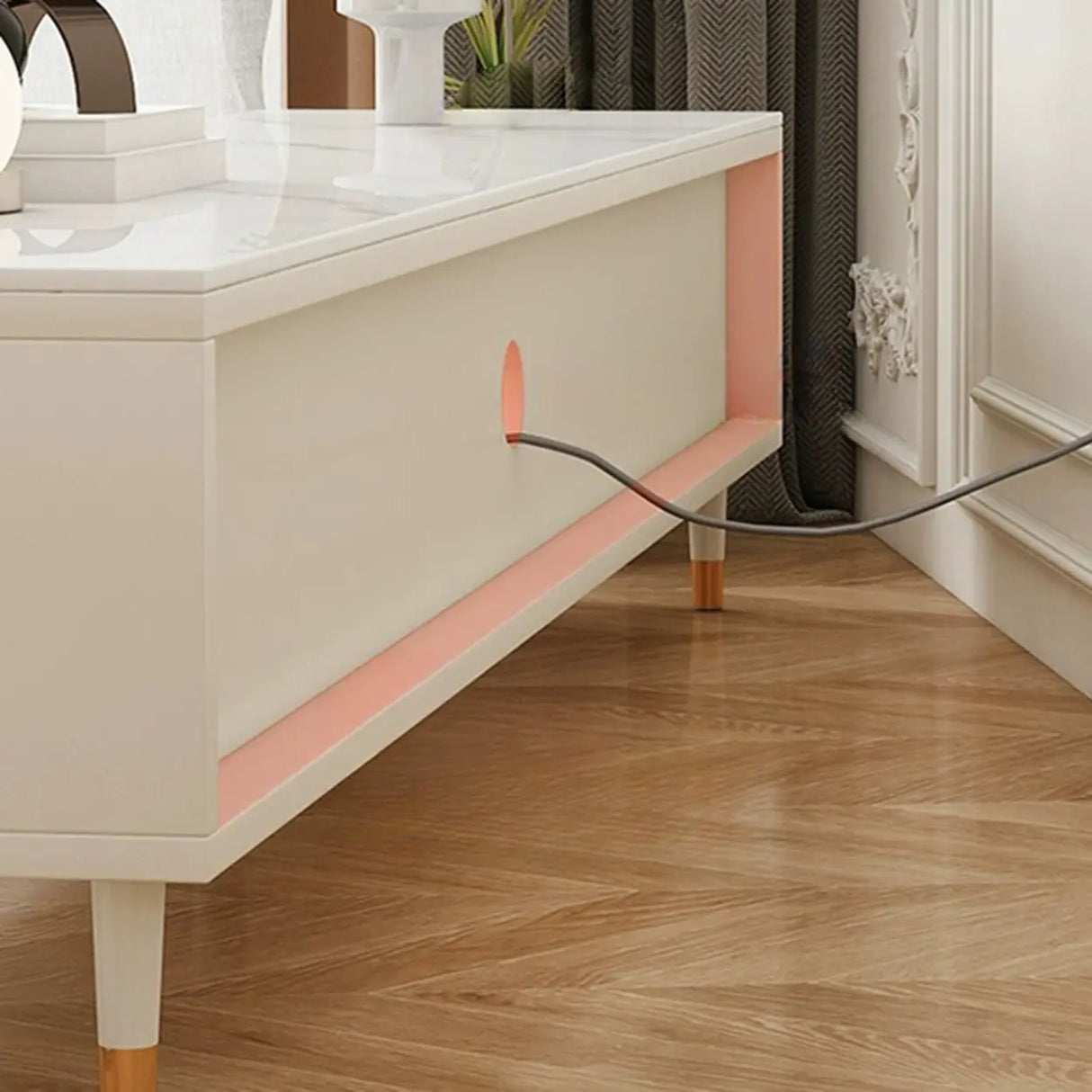 White Stone Drawers Shelves Long Rectangle TV Stand Image - 12