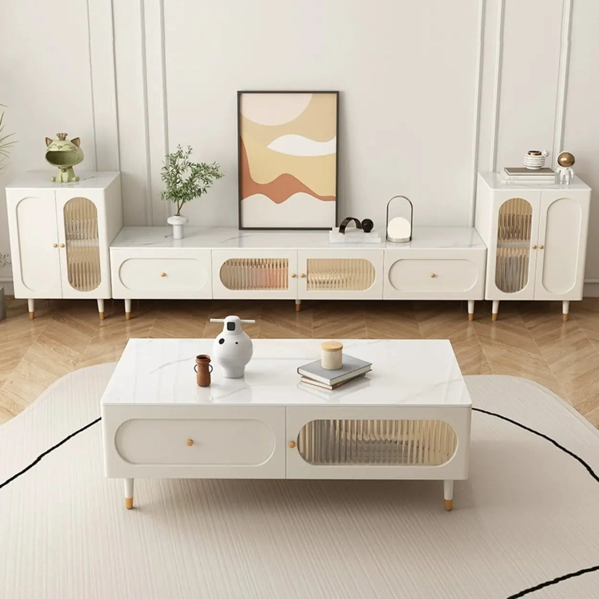 White Stone Drawers Shelves Long Rectangle TV Stand Image - 3