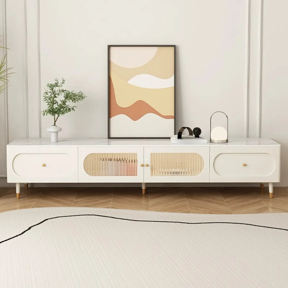 White Stone Drawers Shelves Long Rectangle TV Stand Image - 4