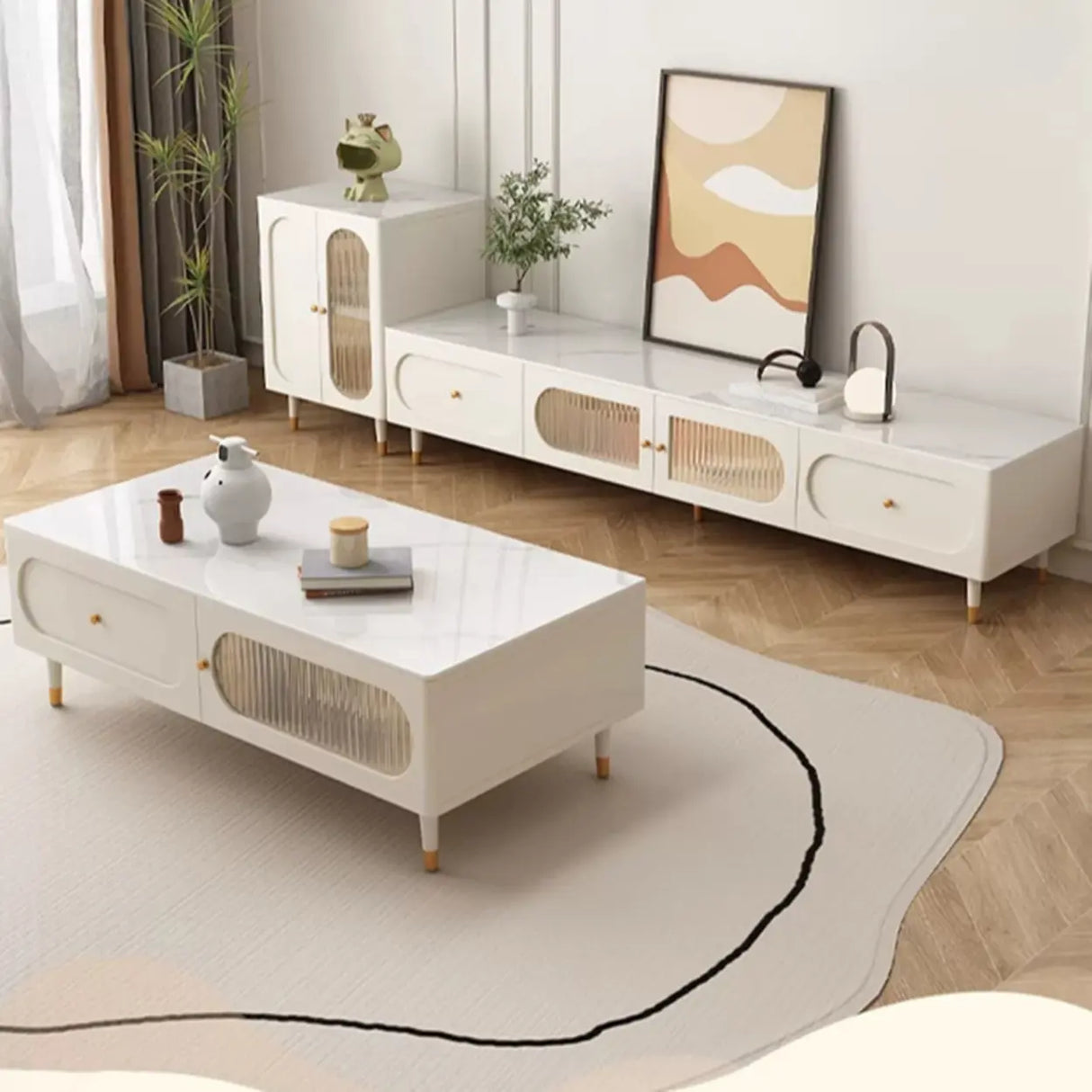 White Stone Drawers Shelves Long Rectangle TV Stand Image - 5