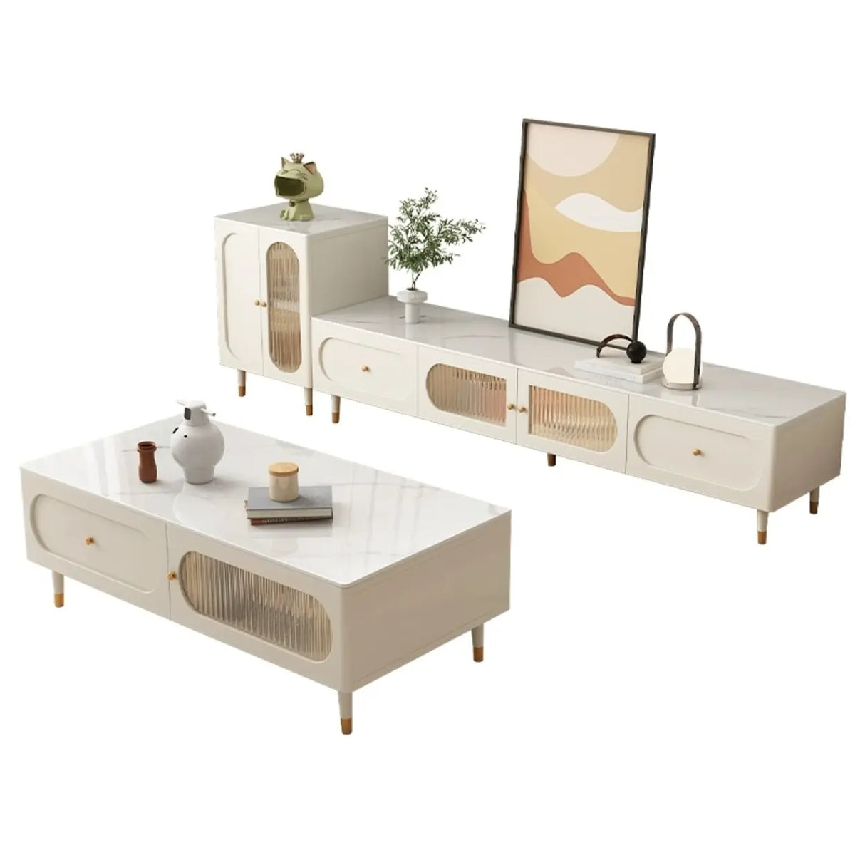 White Stone Drawers Shelves Long Rectangle TV Stand Image - 6