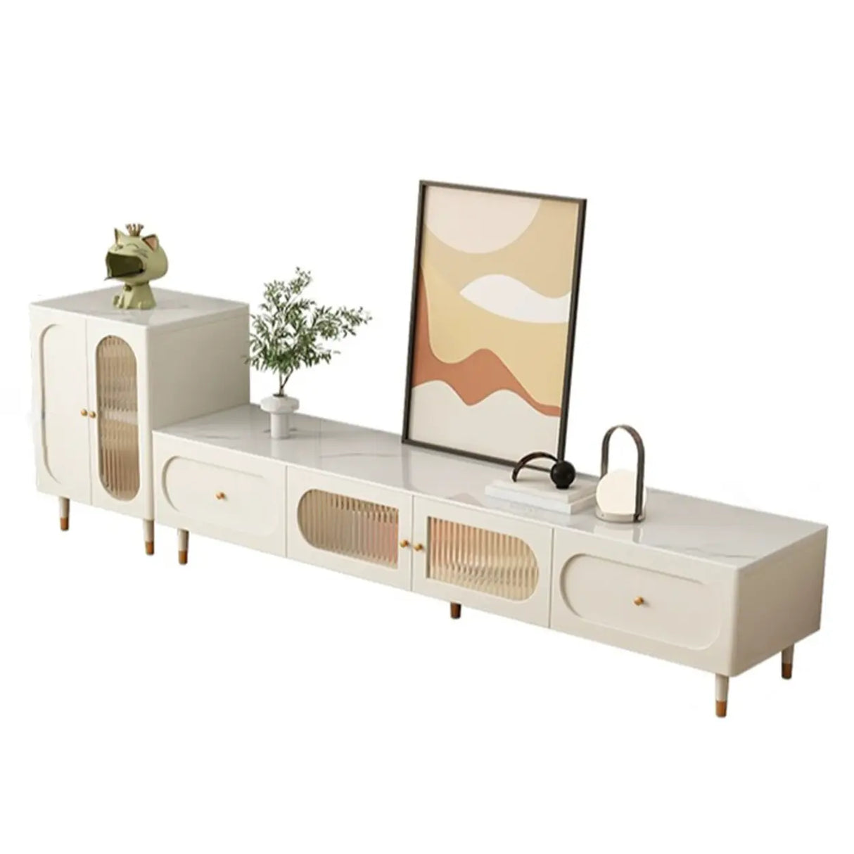 White Stone Drawers Shelves Long Rectangle TV Stand Image - 7